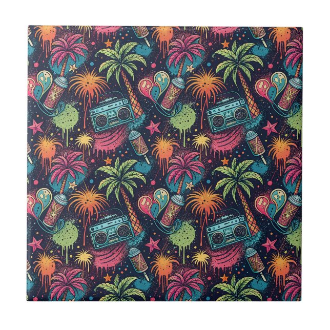 Neon Graffiti Tropical Boombox Street Art Pattern Ceramic Tile (Front)