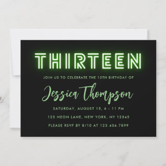 Neon Green 13th Birthday Invitation