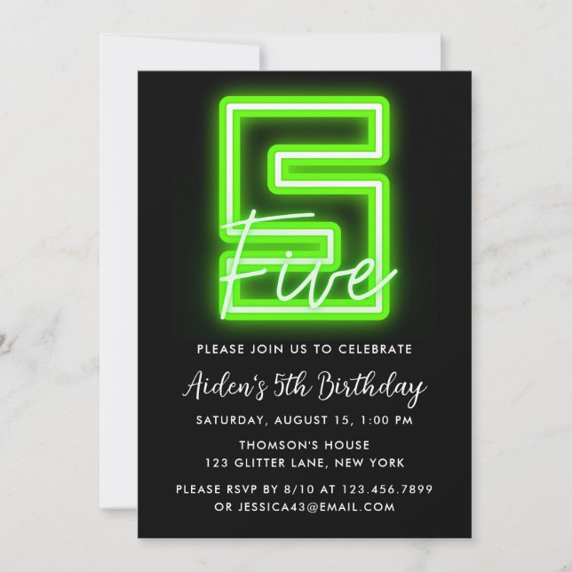 Neon Green 5th Birthday Invitation (Front)