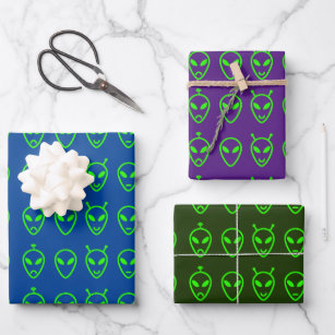 Neon Green Aliens Wrapping Paper Sheets