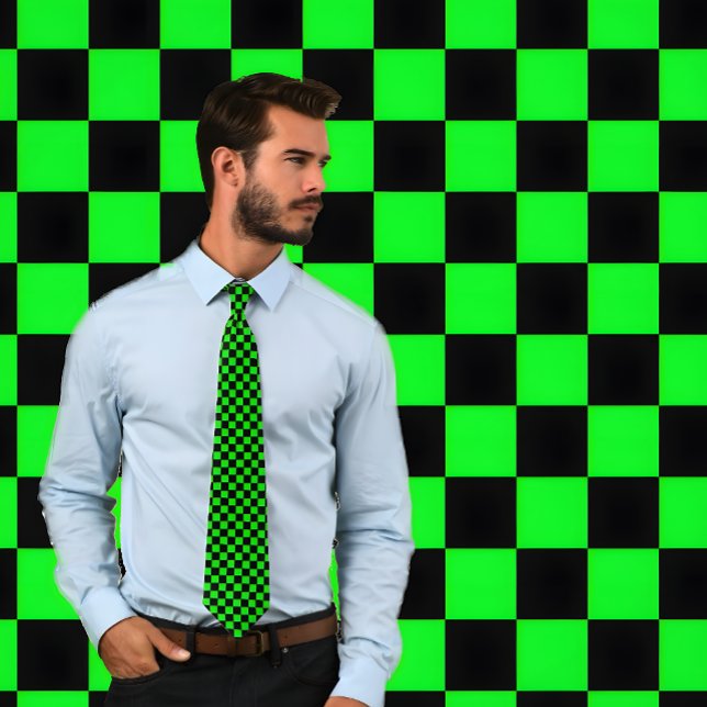 Neon Green and Black Chequerboard Necktie (Man wearing Neon Green and Black Checkerboard Necktie.)
