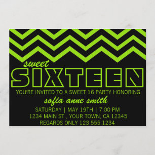 Neon Green and Black Chevron Sweet 16 Invitation