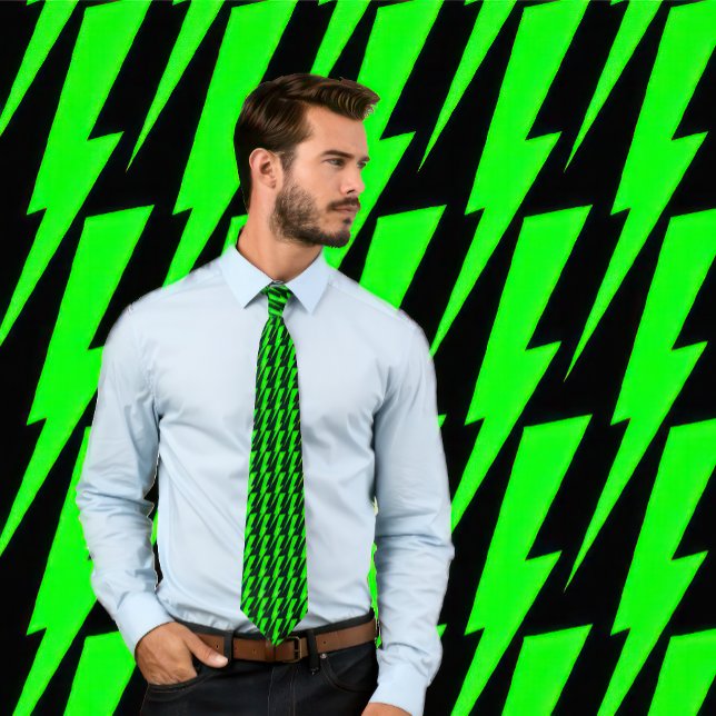 Neon Green and Black Lightning Bolt Necktie (Man wears a tie with a neon green lightning pattern on black.)