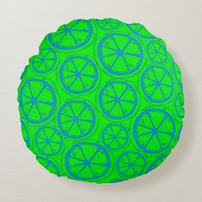 Neon Green and Blue Lemon Retro Spring & Summer  Round Cushion (Front)