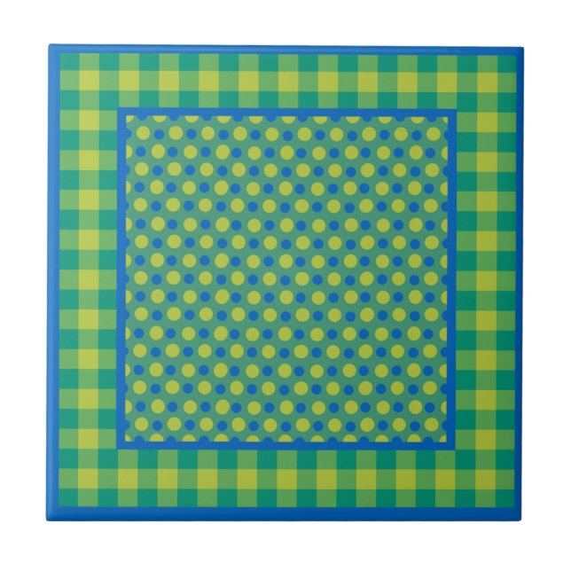 Neon Green and Blue Polka Dots on Emerald, Checks Ceramic Tile (Front)