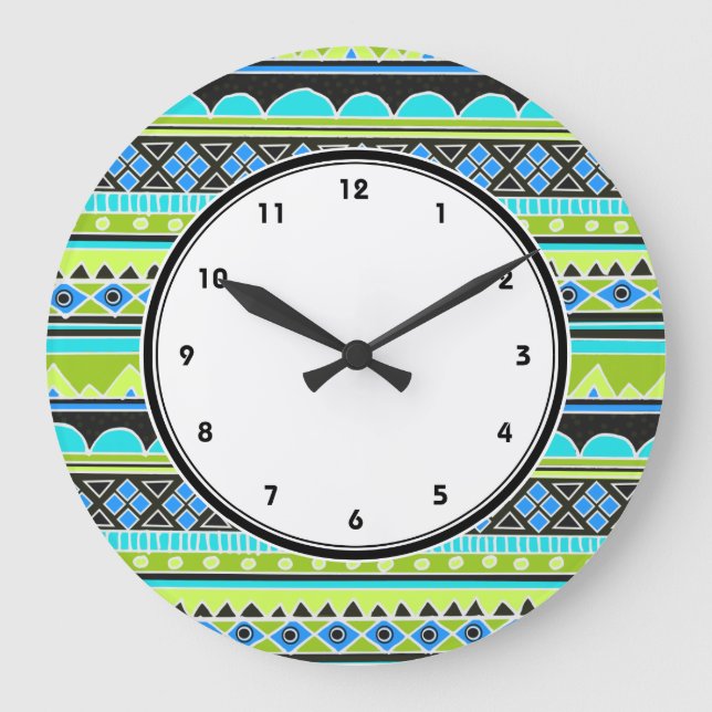Neon Green and blue tribal pattern numbered clock (Front)