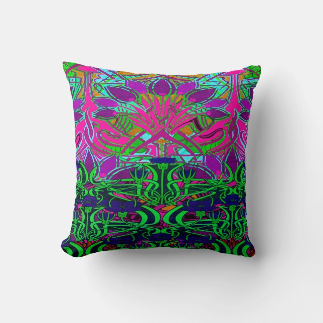 Neon Green and Hot Pink Flower Garden Pattern Cushion (Front)