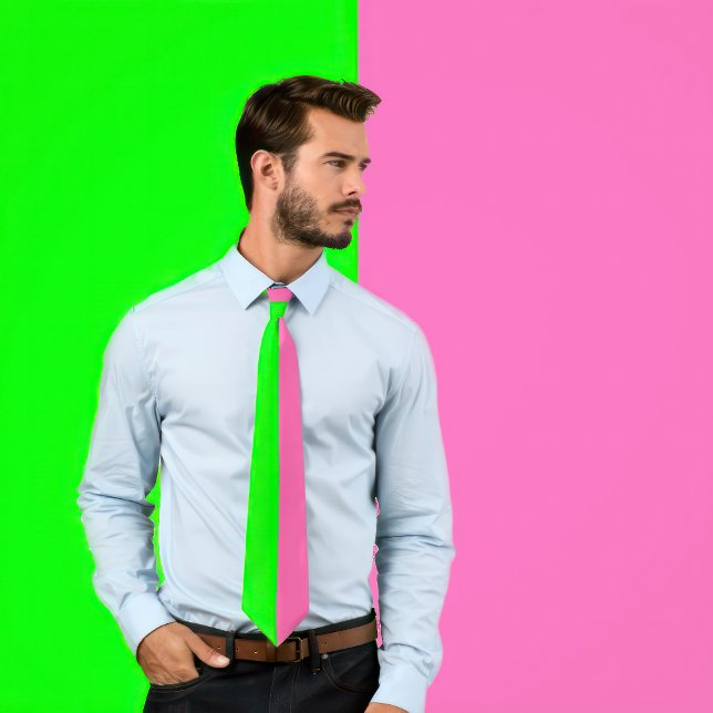 Neon Green and Hot Pink Tie (Two Colour Tie) (Man wears a Neon Green and Hot Pink Tie (Two Color Tie))