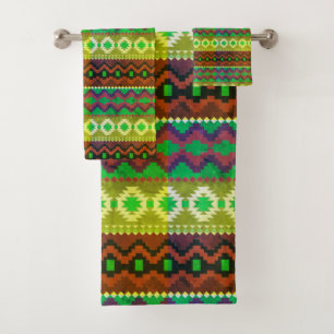 Neon Green and orange aztec pattern Bath Towel Set