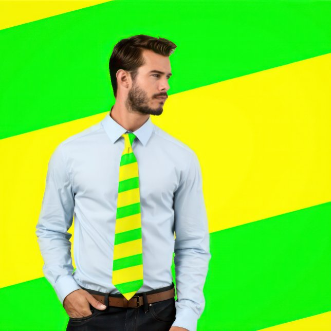 Neon Green and Yellow Striped Tie (Thick Stripes) (Man wears a neon green and yellow striped tie.
)