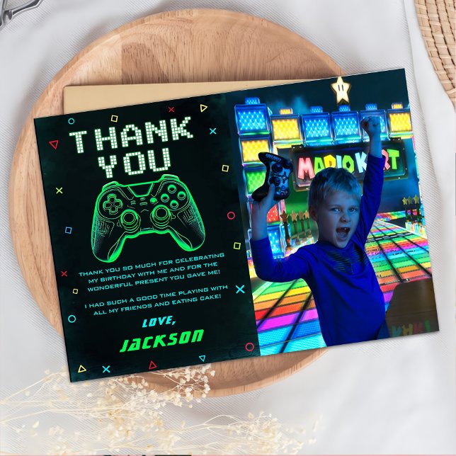 Neon Green Arcade Video Game Birthday Photo Thank You Card (Creator Uploaded)