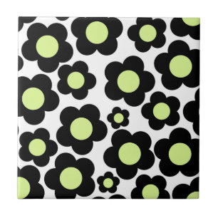 Neon Green Black Flower Ceramic Tile