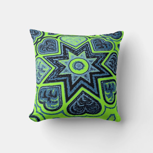 'Neon Green & Blue Love' Throw Pillow (Front)