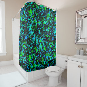 Neon Green Blue Paint Splatter Retro Shower Curtain