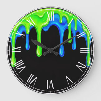 Neon Green & Blue Slime Drip Black Gamer Graffiti  Large Clock