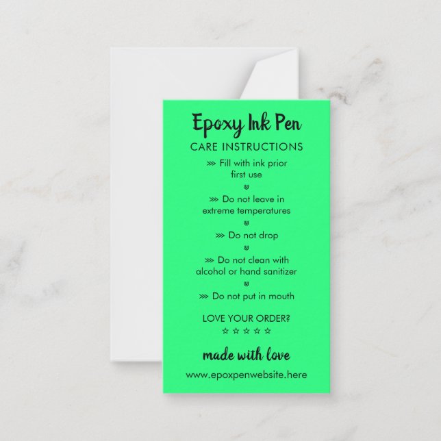 Neon Green Care Instructions for Epoxy Pen Card (Front)