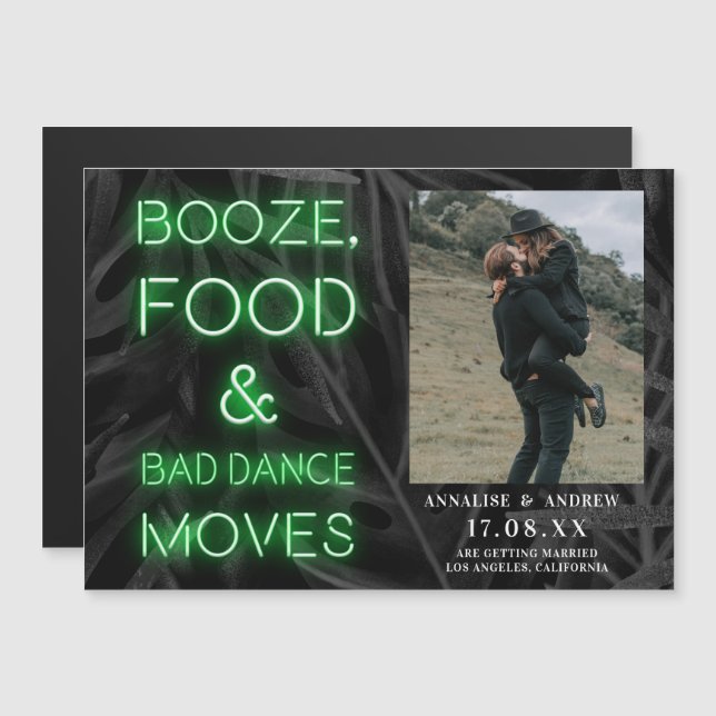 Neon green casual palm leaf save the date photo (Front/Back)