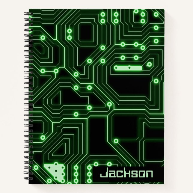 Neon Green Circuit Board | Personalised Spiral Notebook (Front)