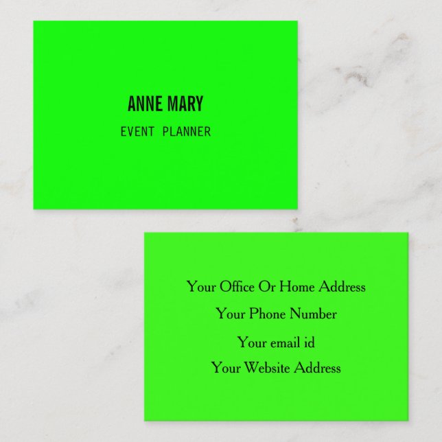 Neon Green Colorful Bright Modern Event Planner Business Card (Front/Back)