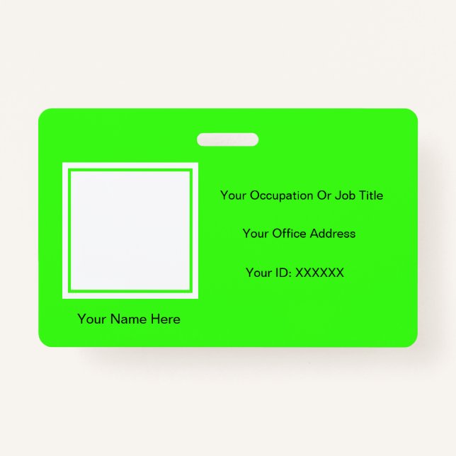 Neon Green Custom Colour Text Photo Employee ID Badge (Front)