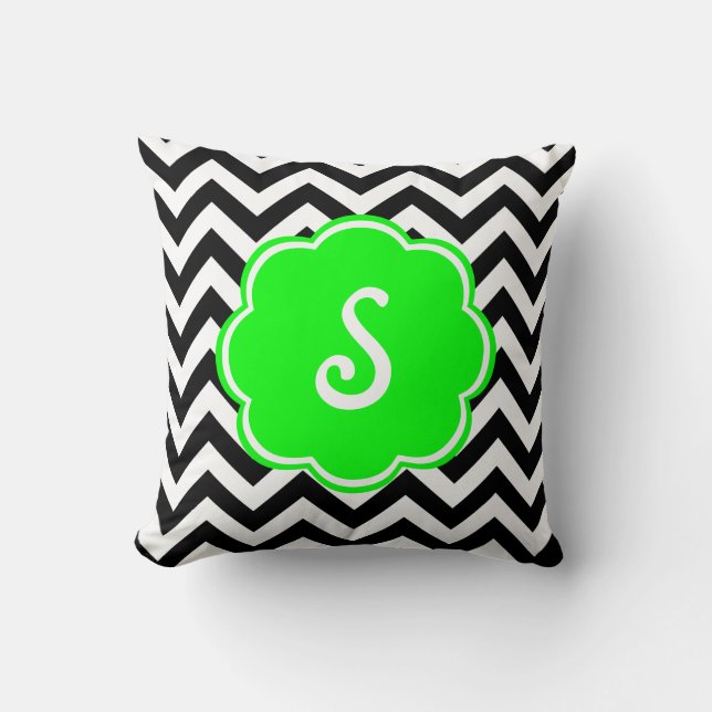Neon Green Custom Monogram with Chevron Pattern Cushion (Front)
