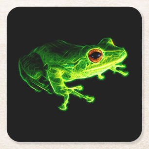Neon Green Electric Tree Frog - Glowing Animal Des Square Paper Coaster