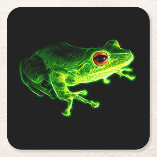 Neon Green Electric Tree Frog - Glowing Animal Des Square Paper Coaster