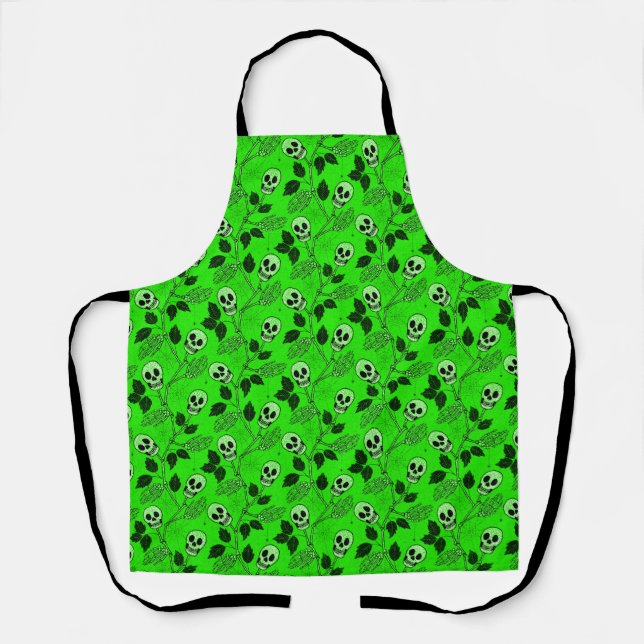 Neon Green Floral Gothic Skull  Apron (Front)