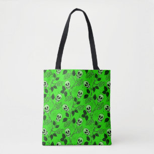 Neon Green Floral Gothic Skull  Tote Bag