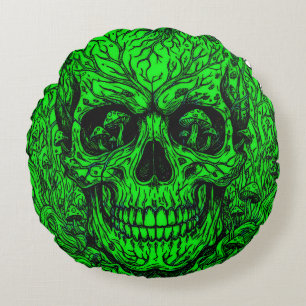Neon Green Forest Skull - Psychedelic Mushroom Nat Round Cushion
