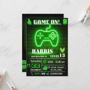 Neon Green Gamer Birthday Party Invitation