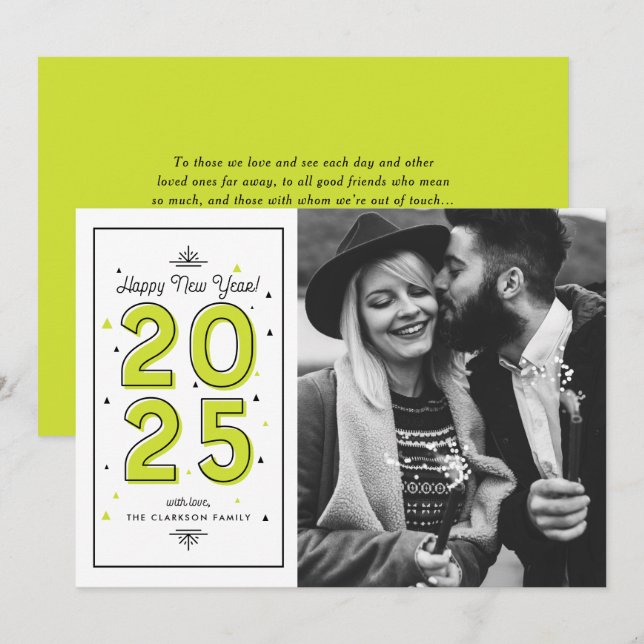 Neon Green Geometric Typography 2025 New Year Holiday Card (Front/Back)