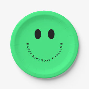 Neon Green Happy Face Custom  Paper Plate