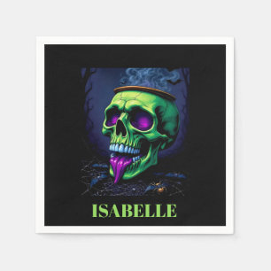 neon green haunted skull gothic halloween night napkin