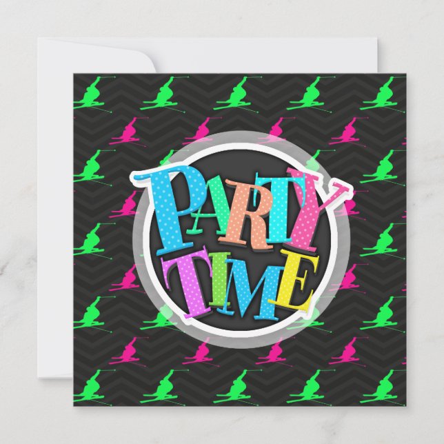 Neon Green, Hot Pink, Snow Ski, Black Chevron Invitation (Front)