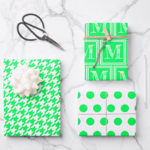 Neon Green Houndstooth Monogram Polka Dot Wrapping Paper Sheet