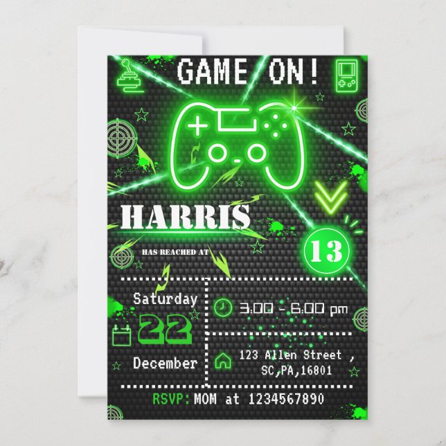 Neon Green Laser Tag Gamer Birthday Party  Invitation (Front)