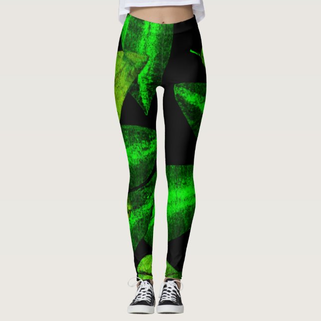 Neon Green Leaves Art. Buy Now Leggings (Front)