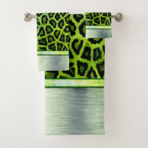 Neon Green Leopard Print Bath Towel Set