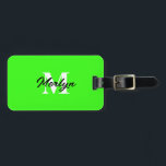 Neon Green Monogram Initial Custom Name Bright Luggage Tag<br><div class="desc">Monogrammed initial and also personal details like name,  address,  phone number and email all of which you can edit. Designed with attractive solid neon green colour background,  you can change the colour if you wish. Cool travel gift idea for him or her.</div>