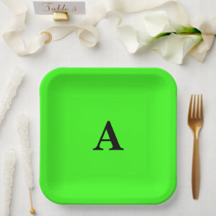 Neon Green Monogram Initial White Custom Cute 2023 Paper Plate
