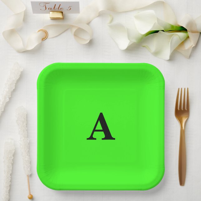 Neon Green Monogram Initial White Custom Cute 2023 Paper Plate (Wedding)