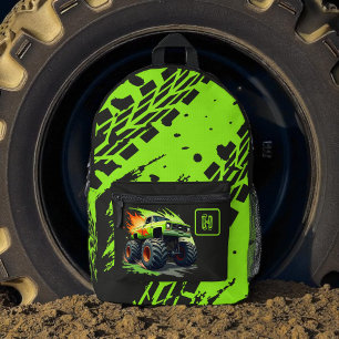 Neon Green Monster Truck Boys Monogram Printed Backpack