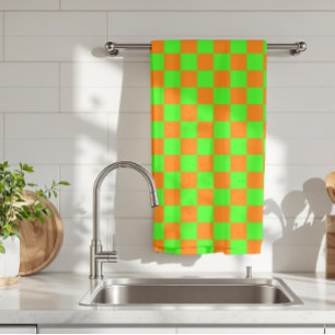 Neon Green Orange Chequered Chequerboard Vintage Tea Towel