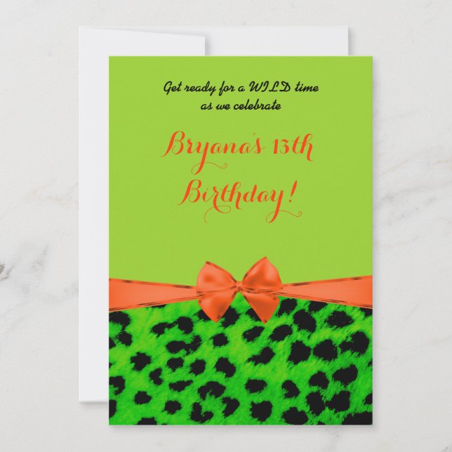 Neon Green Orange Leopard Cheetah Print Invitation (Front)