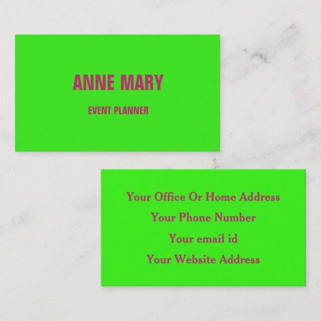 Neon Green Pink Bright Colourful Weddings Events Business Card (Front/Back)