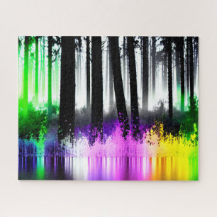 Neon Green Pink Purple Yellow Forest Reflection Jigsaw Puzzle