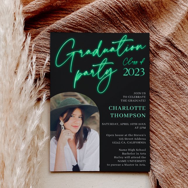Neon green sign script fun graduation photo arch invitation (Creator Uploaded)