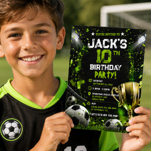 Neon Green Soccer Stadium Trophy Birthday Party  Invitation