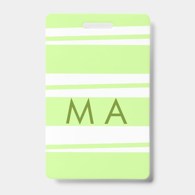 Neon green  stripes Greek pattern letter monogram  ID Badge (Front)